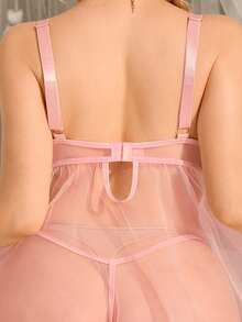SHEIN 两件套加大码性感网纱内衣套装 - 粉色 - 查看 2