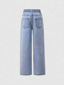SHEIN ChillGRL Tween Girls' Denim Cargo Wide Leg Pants, Sweet & Cool Street Fashion Casual Sporty Vacation Style - Medium Wash - View 2