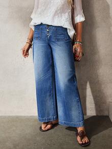 EMERY ROSE Women's Pocket Front Button Contrast Color Casual Wide Leg Jeans - Blue - View 5