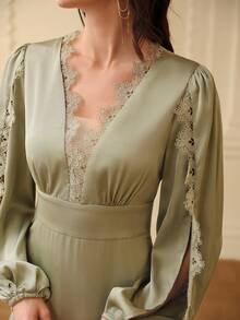 ZEYLAH Váy ôm sát eo xếp ly phối ren, Thu/Đông - xanh xám - Xem 2