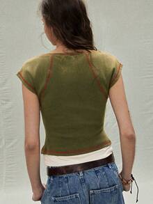 SoleilVie 女士简约休闲蕾丝拼接心形领口撞色滚边修身短袖T恤 情人节 - 綠色 - 查看 2