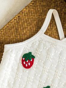 女婴杏色镂空草莓吊带连体衣，甜美可爱婴儿夏季连体衣 - 杏色 - 查看 6