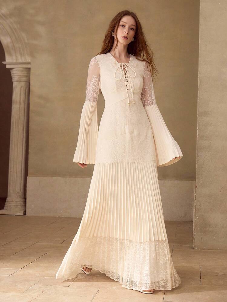 WOMEN'S LACE PLEATED SLIM FIT MAXI DRESS, SPRING/SUMMER