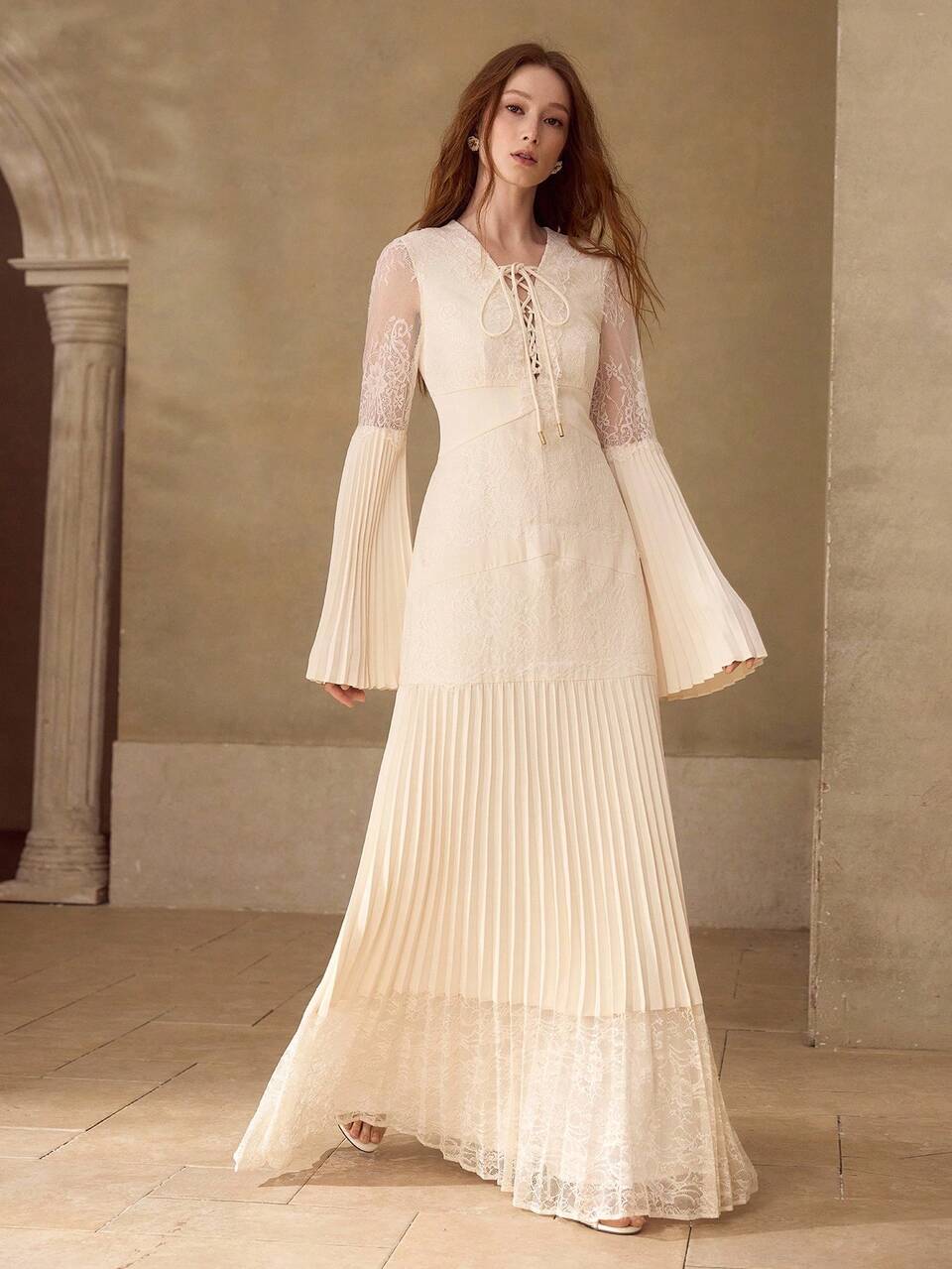WOMEN'S LACE PLEATED SLIM FIT MAXI DRESS, SPRING/SUMMER