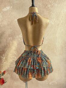 Soleia 女士夏季度假印花露背上衣和荷叶边迷你裙两件套 - 彩色 - 查看 2