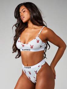 Missguided x Playboy 兔子印花V领文胸和高腰丁字裤内裤套装，带松紧带 - 灰色 - 查看 1