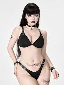 ROMWE Grunge Punk 女士暗黑街头朋克金属镂空三角杯丁字裤内衣套装，性感 - 黑色 - 查看 2