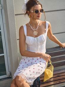 INAWLY Chân váy nữ mùa xuân/hè kiểu Pháp thanh lịch họa tiết hoa nhí phối ren tương phản, cạp chun. - trắng - Xem 3