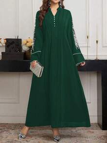 SHEIN Najma Elegant Dress With Beaded Collar Flower And Contrast Trim - Green - View 5