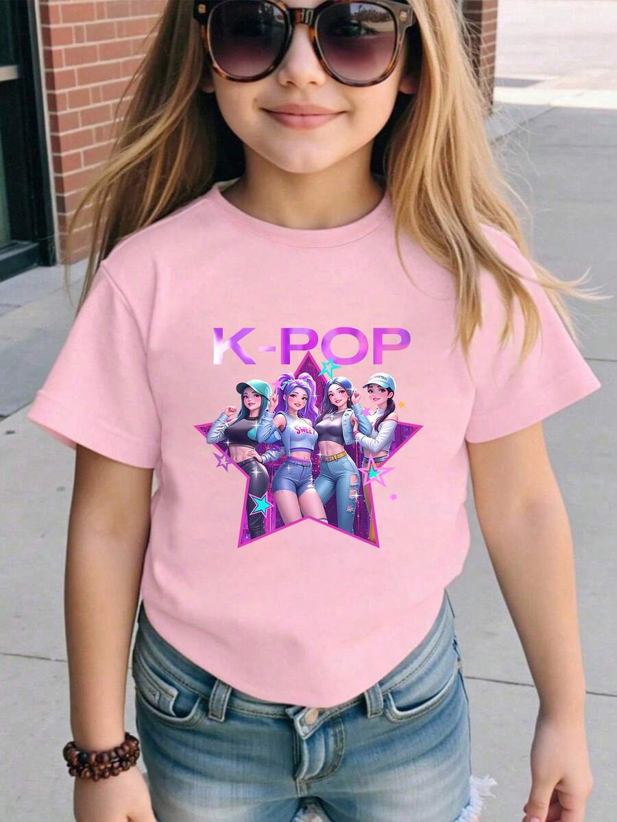Kpop 女孩图案印花圆领短袖休闲百搭T恤 - 粉色 - 查看 1