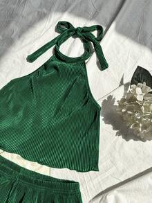 Elamini 2pcs Women Solid Color Textured Sleeveless Top And Shorts Set 2 Piece Short Sets Woman Two Piece Summer Set Women - Dark Green - View 5