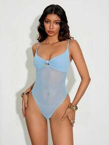 SHEIN Unity 一件酒红色交叉露背网纱连体衣，休闲街头风派对夜店装，浪漫别致，适合圣诞节、新年、情人节等场合。 - 藍色 - 查看 6