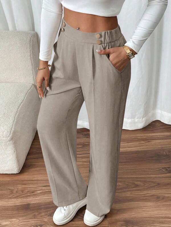 SHEIN Frenchy Women's Double-Buckle Straight-Leg Elegant Office Pants