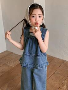 DAZY Conjunto de 2 piezas de top sin mangas con cuello de jean y jeans para niña, conjunto de ropa de otoño - Azul - Ver 8