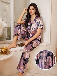 LuxeNights 舒适花卉仿丝绸女士睡衣套装 - 紫色 - 查看 7