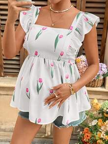 SHEIN Áo bầu cổ vuông tay ngắn in hoa - trắng - Xem 3