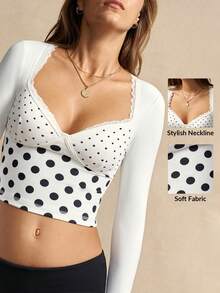 VARSIVA Áo ba lỗ thể thao cắt cúp tay dài cổ tim viền ren viền chấm bi vai thường - Nhiều màu - Xem 2