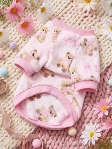 PETSIN 1件印花泰迪熊蝴蝶结法兰绒卫衣，宠物秋冬加厚保暖粉色款 - 粉色 - 查看 4