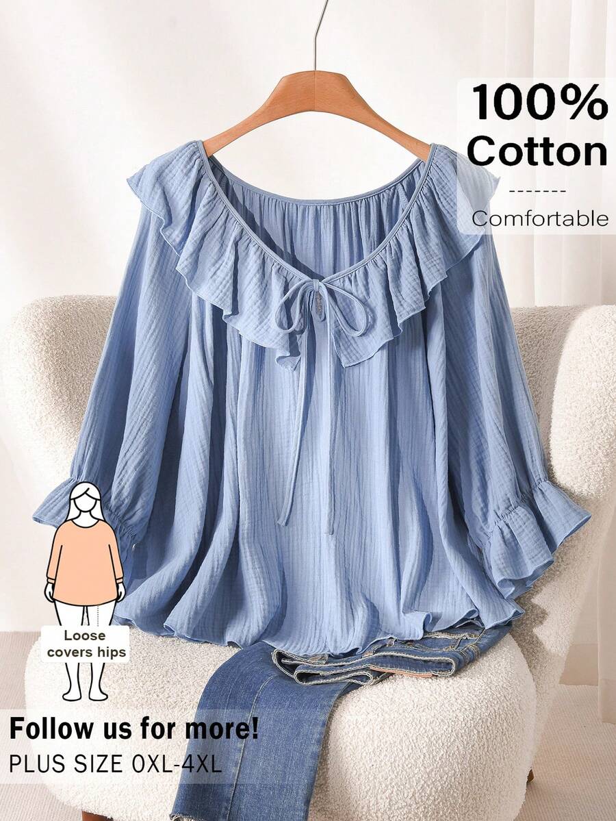 CosyJoli 大码女式彼得潘领休闲衬衫，蓝色宽松上衣，可爱女式休闲上衣，夏季可爱休闲上衣，春季女式休闲衬衫，适合休闲度假穿着 - 藍色 - 查看 1