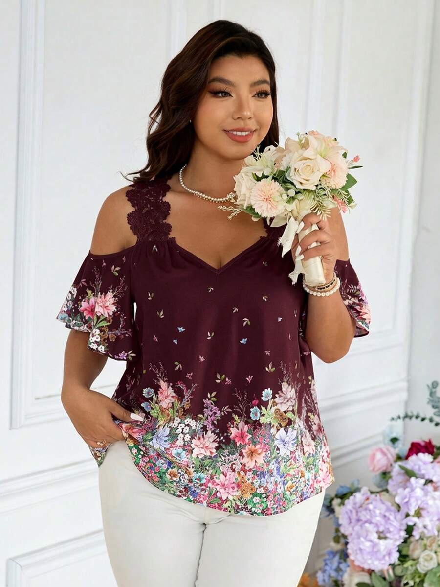 SHEIN Frenchy 大码女式碎花露肩时尚优雅上衣，适合春季穿着，优雅百搭，情人节必备。 - 酒紅色 - 查看 1