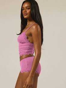 MUSERA ESSENTIALS 三角胸蕾丝边可调节吊带背心和修身平角内裤套装，冬季假日内衣，日常舒适居家必备 - 粉色 - 查看 6