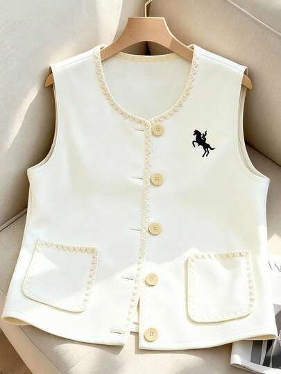 GlowEve Dam Skalklänning Dekorerad ficka Broderad mönster Casual Semester Daglig Pendling Chic Fransk Mångsidig Semester Affär Aprikos Ärmlös Jacka Kofta, Tidig vår/Vår-Sommar