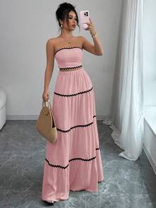 Rafferiza Bộ 2 món dành cho nữ, áo quây crop top và chân váy kiểu dáng thanh lịch với dây buộc ruy băng, thích hợp cho kỳ nghỉ. - Hồng - Xem 4