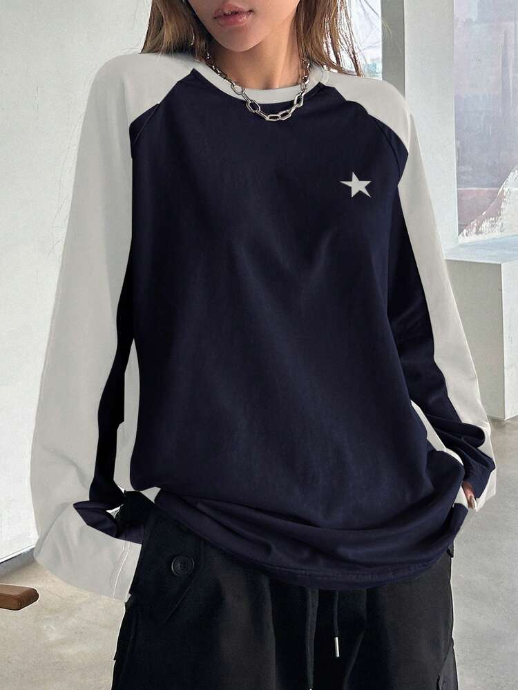 Color Block Star Pattern Long Sleeve T-Shirt Y2k,Fall Clothes