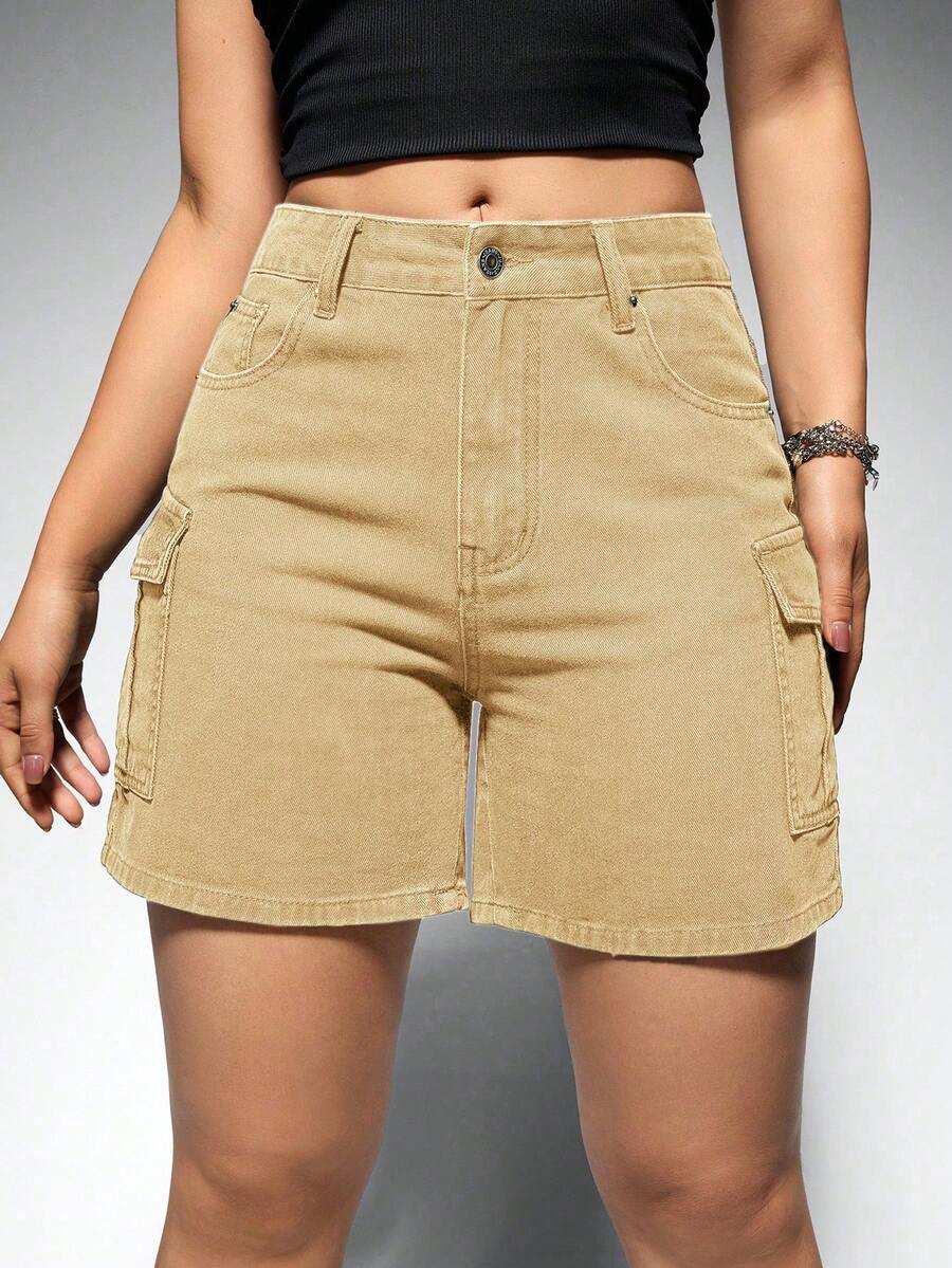 Jeanoix Quần short denim nữ có túi, cài nút, kiểu dáng thường ngày. - Màu Khaki - Xem 1