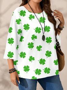 EMERY ROSE Plus Size Women Casual All-Over Print Round Neck Loose 3/4 Sleeve Shirt/St. Patrick's Day - Multicolor - View 3