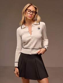 Muvela Áo khoác cardigan dệt kim móc màu trắng mới cho mùa xuân/hè, phối viền tương phản, đính họa tiết gấu bông, phong cách retro Y2K sành điệu, thích hợp cho công sở, kỳ nghỉ, bãi biển, hẹn hò, tiệc tùng, lễ tốt nghiệp, tựu trường, đa năng và thời trang. - Màu xanh lam - Xem 2