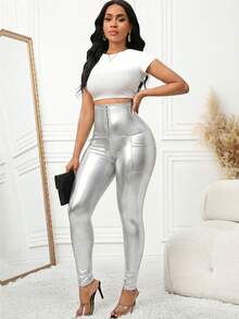 SHEIN Lady Autumn And Winter Casual Elegant Sports Black Knitted Button Front Leggings Silver Leggings High Waisted Leggings Silver Outfits For Women Metallic Clothes For Women - Silver - View 8