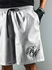 ROMWE MEN Street Life 男士字母印花抽绳腰带亮银色PU短裤 - 銀色 - 查看 2