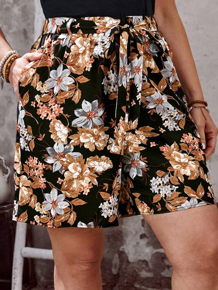 Plus Size Floral Print Loose Casual Shorts With Pockets For Summer/ Vacation Vacation Outfits Women Holiday Outfits For Women Beach Vacation Outfits For Women Spring Break Outfits Floral Shorts