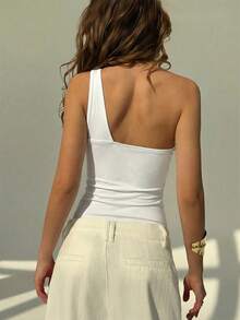 Aloruh Women's Solid Color Asymmetric Bodysuit - White - View 2