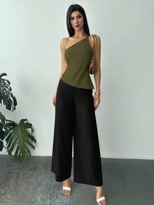 Firerie Áo kiểu dáng thanh lịch mới, chất liệu vải lanh màu mơ, vạt bất đối xứng, xếp ly ở eo, hở lưng, thích hợp cho mùa xuân/hè. - xanh quân đội - Xem 5