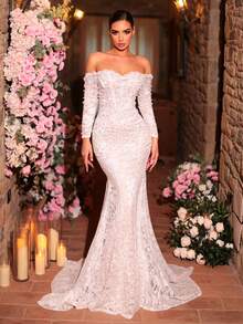 Glamrae 优雅奢华的珍珠串珠蕾丝薄纱袖鱼尾长裙，带拖尾，适合婚礼、派对、度假、舞会、新娘等场合。 - 白色 - 查看 5