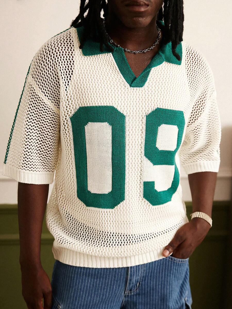 Manfinity Roghcode 男士休闲撞色数字镂空针织上衣，夏季 - 綠色 - 查看 1