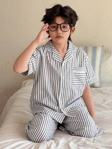 DAZY 男童舒适条纹前开襟短袖衬衫和裤子睡衣套装，夏季 - 灰色 - 查看 3