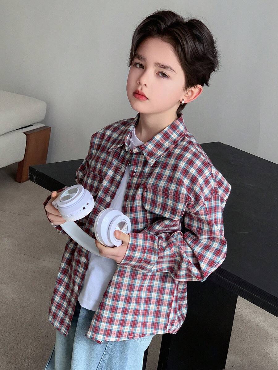DAZY Tween Boy Casual Fashion Street Daily Commute School Style Patterned Print Flap Pocket Cargo Shirt, Spring/Autumn - Red - View 1
