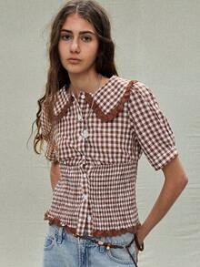 SoleilVie 女士可爱棕色格子衬衫，荷叶边彼得潘领，半泡泡袖，常规长度，适合度假、夏季、春季外出穿着。 - 棕色 - 查看 6