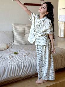 Dazy Kids Tween Girl Polka Dot Collar Single-Breasted Mid-Sleeve Top And Wide-Leg Pants Casual Loungewear Pajama Set - Multicolor - View 1
