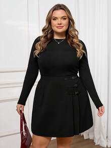 SHEIN CURVE+ Váy ngắn chữ A cạp cao xếp ly khóa cài màu đen dành cho nữ cỡ lớn, thanh lịch, tối giản, thích hợp cho công sở hàng ngày. - màu đen - Xem 9