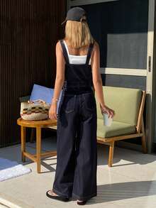 DAZY Women's V-Neck Suspender Pants, Waist Cinched Loose Straight Leg Casual Denim Overalls And Jumpsuit - Dark Wash - View 5