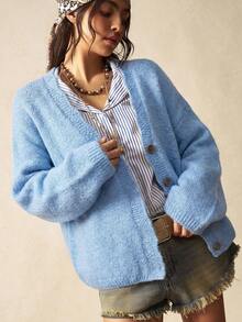 Bohemela 女士休闲复古宽松单排扣长袖针织开衫，秋冬款 - 水鴨藍 - 查看 5