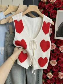 SHEIN Franclia 早春新款浪漫情人节可爱爱心图案休闲V领系带女士针织背心 - 彩色 - 查看 6