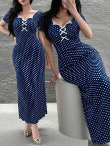 Feyla 女士波点蝴蝶结装饰优雅收腰中长派对连衣裙 - 藏蓝色 - 查看 1