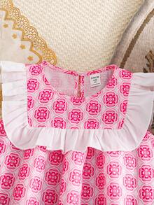 SHEIN Young Girl Woven Contrast Color Round Neck Ruffle Hem Casual Dress - Pink - View 4