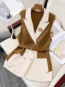 SHEIN PETITE CURVE Plus Size Women Elegant Lapel NeckContrast Color Sleeveless Blazer - Multicolor - View 1