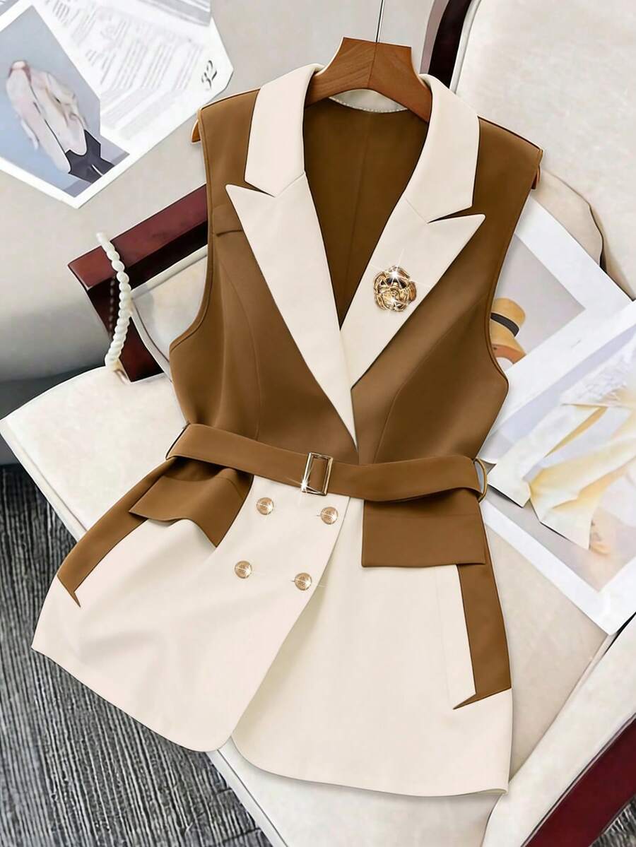 SHEIN PETITE CURVE Plus Size Women Elegant Lapel NeckContrast Color Sleeveless Blazer - Multicolor - View 1